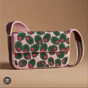 NEW. Anthropologie Olive and Pink Beaded Shoulder Bag